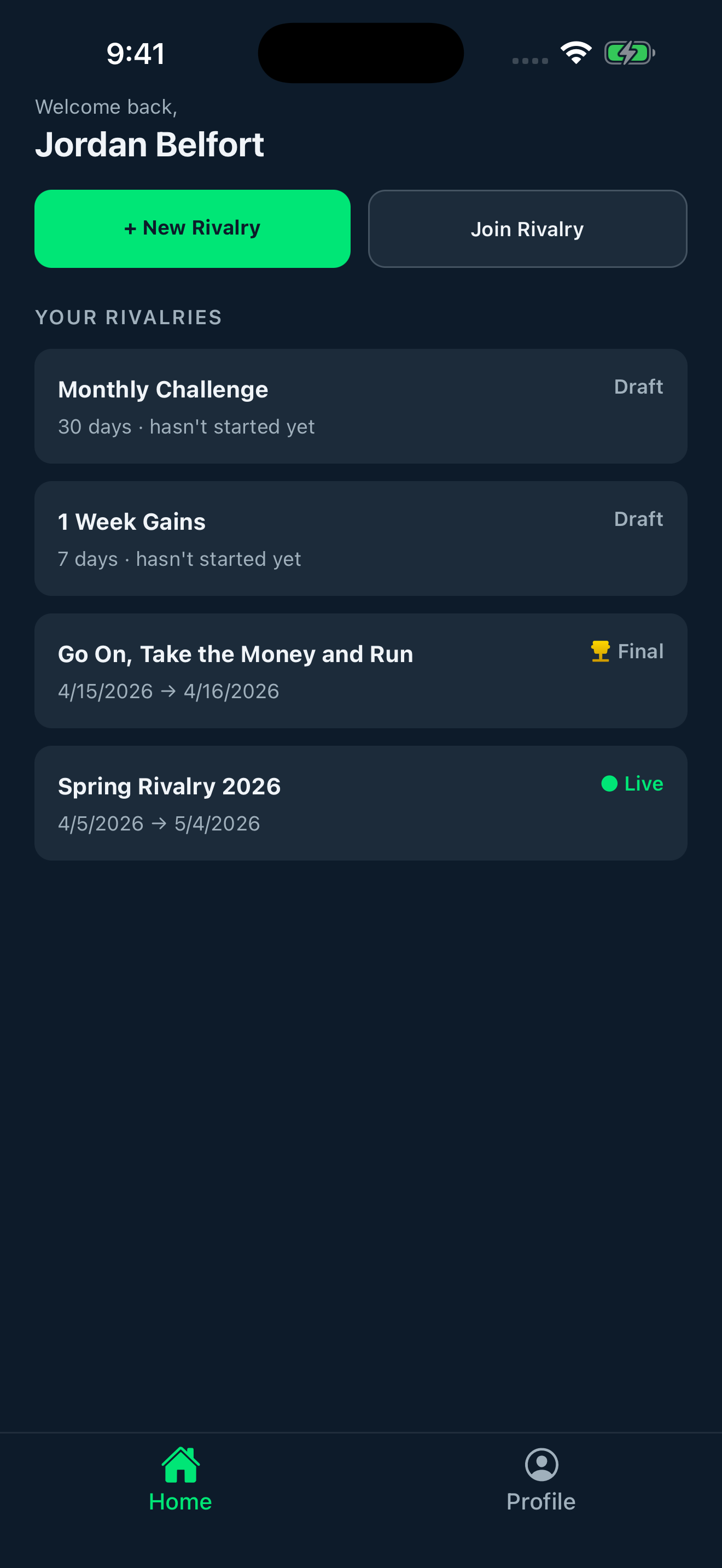 Home screen showing your active rivalries