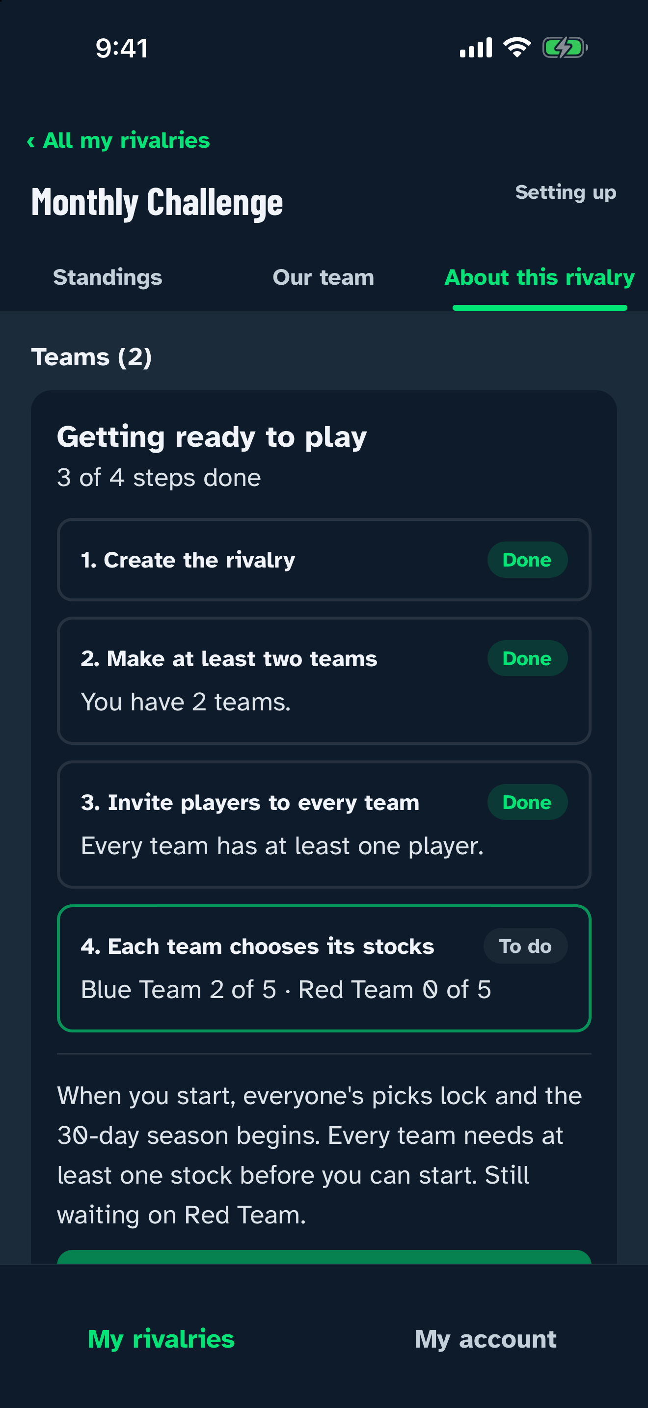Setup checklist showing the steps left before a season can start