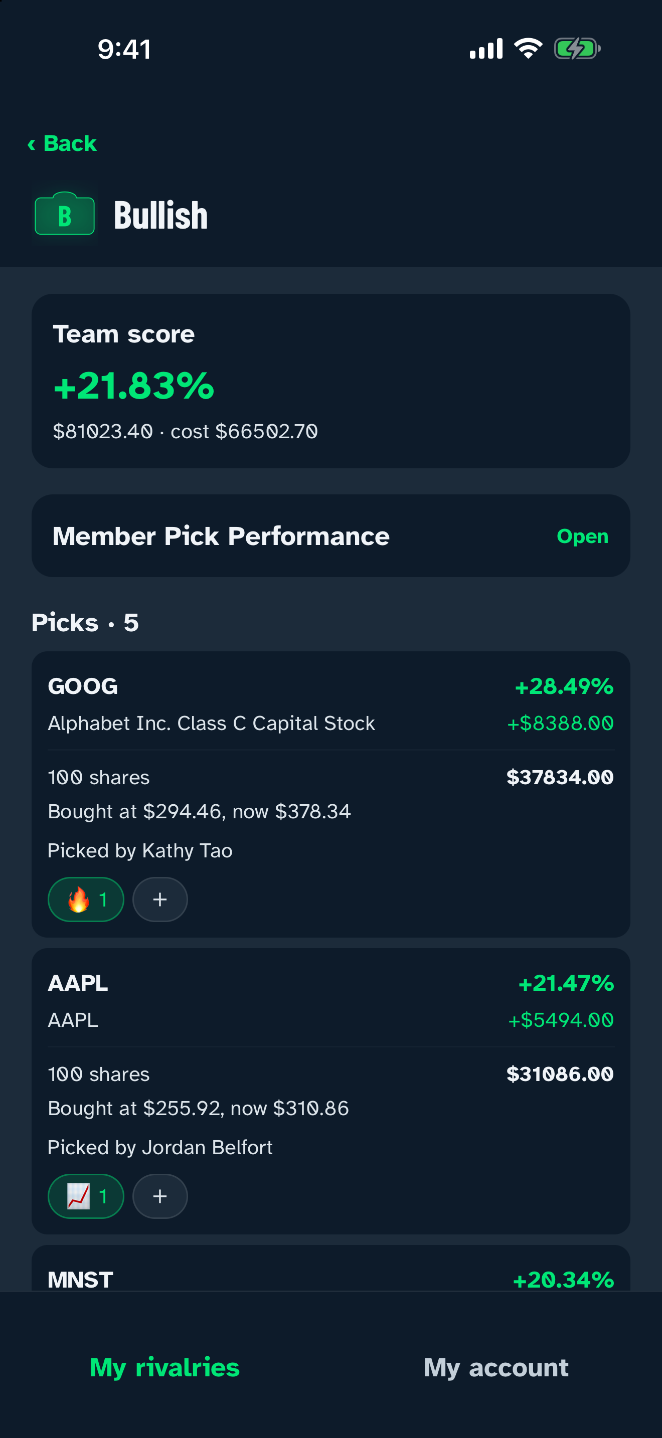 Team score with each pick's gain and emoji reactions